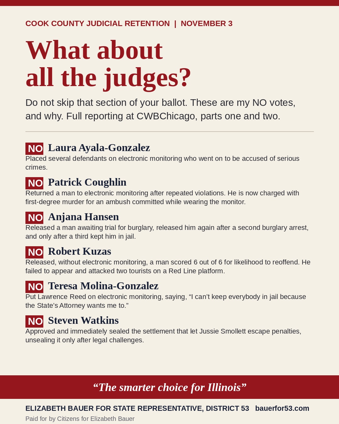 What about all the judges? Elizabeth Bauer's NO votes on Cook County judicial retention, November 3, 2026: Laura Ayala-Gonzalez, Patrick Coughlin, Anjana Hansen, Robert Kuzas, Teresa Molina-Gonzalez, Steven Watkins.